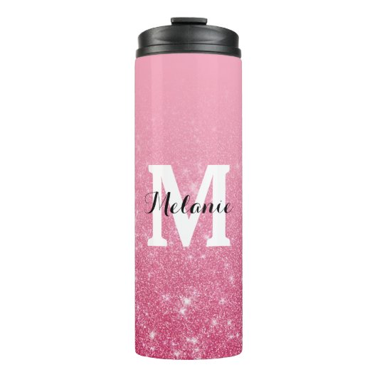 Chique roze gradiënt faux glitter monogram thermosbeker (Voorkant)