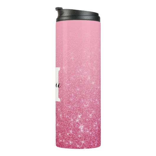 Chique roze gradiënt faux glitter monogram thermosbeker (Geroteerd rechts)