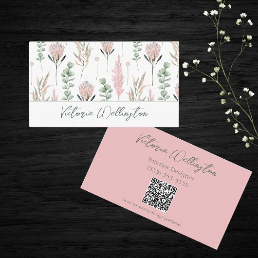 Chique Roze & Groen Land Bloemen QR Code Visitekaartje