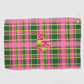 Chique roze & groene geruite monogram golfhanddoek (Horizontaal)