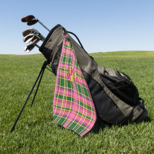 Chique roze & groene geruite monogram golfhanddoek