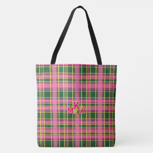 Chique roze & groene geruite tas met monogram
