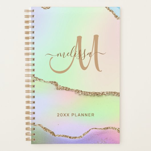 Chique roze groene pastel gouden glitter monogram planner (Voorkant)