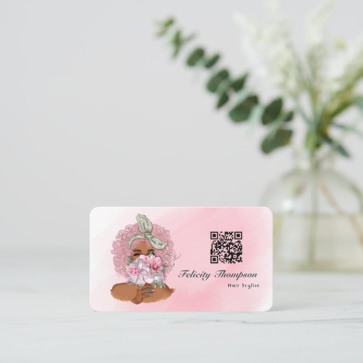 Chique Roze Haar Stylist QR Code Visitekaartje (Staand voorkant)