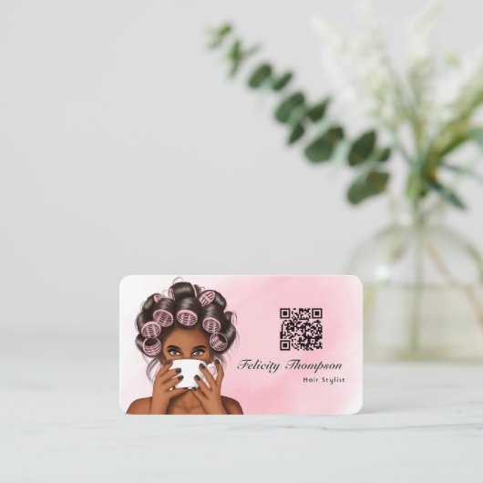 Chique Roze Haar Stylist QR Code Visitekaartje (Staand voorkant)