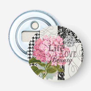 Chique Roze Hortensia Collage Vintage Damast Kunst Button Flesopener