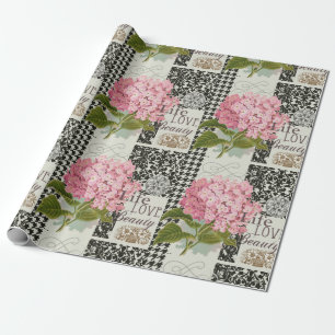 Chique Roze Hortensia Collage Vintage Damast Kunst Cadeaupapier