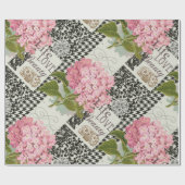 Chique Roze Hortensia Collage Vintage Damast Kunst Cadeaupapier (Vlak)