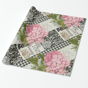 Chique Roze Hortensia Collage Vintage Damast Kunst Cadeaupapier