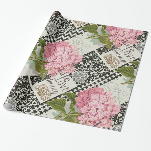 Chique Roze Hortensia Collage Vintage Damast Kunst Cadeaupapier (Uitgerold)