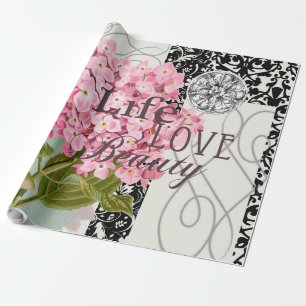 Chique Roze Hortensia Collage Vintage Damast Kunst Cadeaupapier