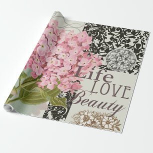 Chique Roze Hortensia Collage Vintage Damast Kunst Cadeaupapier