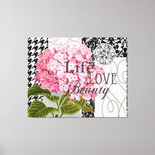 Chique Roze Hortensia Collage Vintage Damast Kunst Canvas Afdruk