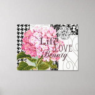 Chique Roze Hortensia Collage Vintage Damast Kunst Canvas Afdruk