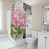 Chique Roze Hortensia Collage Vintage Damast Kunst Douchegordijn (In situ)
