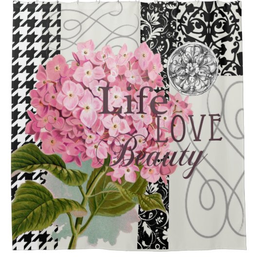 Chique Roze Hortensia Collage Vintage Damast Kunst Douchegordijn (Voorkant)