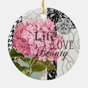 Chique Roze Hortensia Collage Vintage Damast Kunst Keramisch Ornament