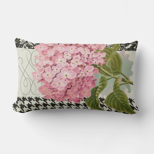 Chique Roze Hortensia Collage Vintage Damast Kunst Kussen (Voorkant)