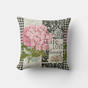 Chique Roze Hortensia Collage Vintage Damast Kunst Kussen