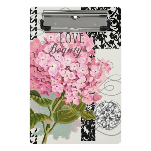Chique Roze Hortensia Collage Vintage Damast Kunst Mini Klembord (Voorkant)