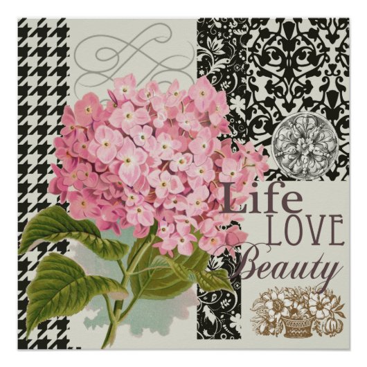 Chique Roze Hortensia Collage Vintage Damast Kunst Perfect Poster (Voorkant)