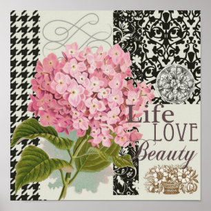 Chique Roze Hortensia Collage Vintage Damast Kunst Poster