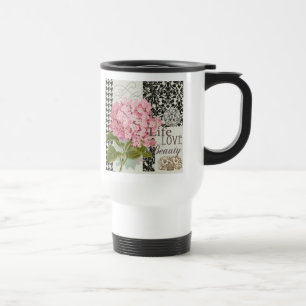 Chique Roze Hortensia Collage Vintage Damast Kunst Reisbeker