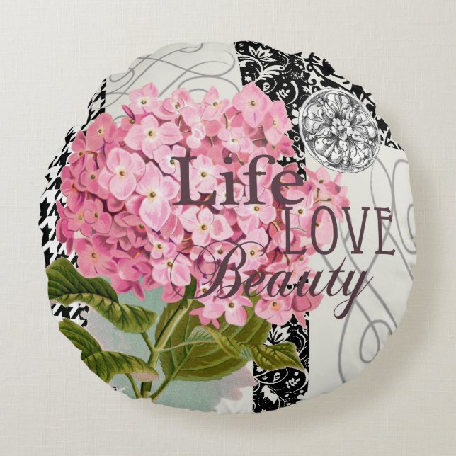 Chique Roze Hortensia Collage Vintage Damast Kunst Rond Kussen (Voorkant)