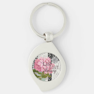 Chique Roze Hortensia Collage Vintage Damast Kunst Sleutelhanger