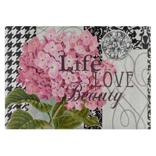 Chique Roze Hortensia Collage Vintage Damast Kunst Snijplank (Voorkant)