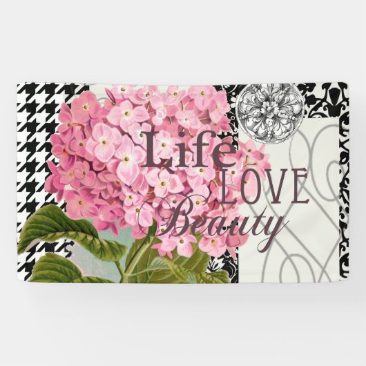 Chique Roze Hortensia Collage Vintage Damast Kunst Spandoek (Horizontaal)