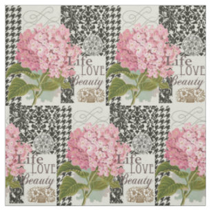 Chique Roze Hortensia Collage Vintage Damast Kunst Stof