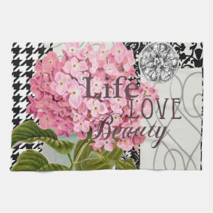 Chique Roze Hortensia Collage Vintage Damast Kunst Theedoek