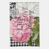 Chique Roze Hortensia Collage Vintage Damast Kunst Theedoek (Verticaal)