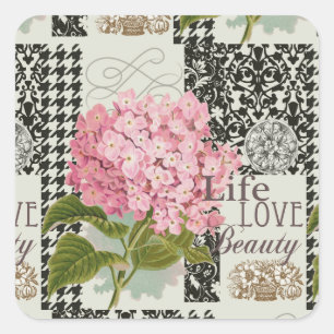 Chique Roze Hortensia Collage Vintage Damast Kunst Vierkante Sticker