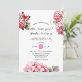 Chique roze Hydrangea Vlinder bruiloft uitnodiging (Staand voorkant)