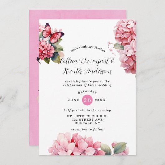 Chique roze Hydrangea Vlinder bruiloft uitnodiging (Voorkant / Achterkant)