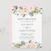 Chique Roze Ivoor Bloem Bruiloft Save the Date Kaa Kaart (Voorkant / Achterkant)