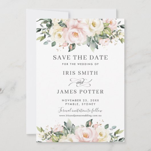 Chique Roze Ivoor Bloemige Trouw Save the Date Kaa Kaart (Voorkant)