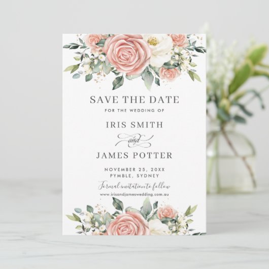 Chique Roze Ivoor Bloemige Trouw Save the Date Kaa Kaart (Staand voorkant)