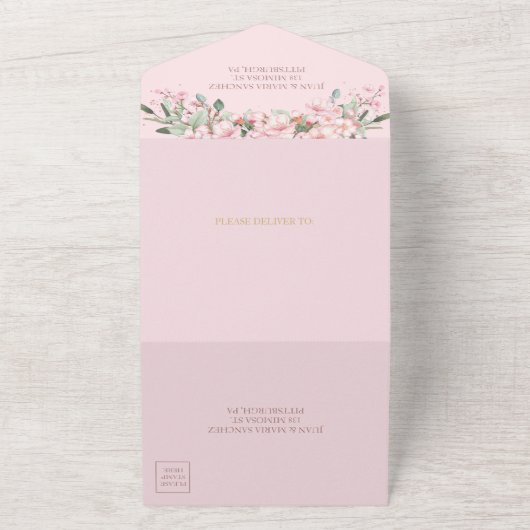 Chique Roze Kersenbloesem Roze Gouden Quinceañera All In One Uitnodiging (Buitenkant)