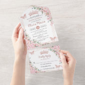 Chique Roze Kersenbloesem Roze Gouden Quinceañera All In One Uitnodiging (Afscheurbaar)