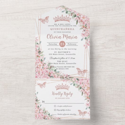 Chique Roze Kersenbloesem Roze Gouden Quinceañera All In One Uitnodiging (Binnen)