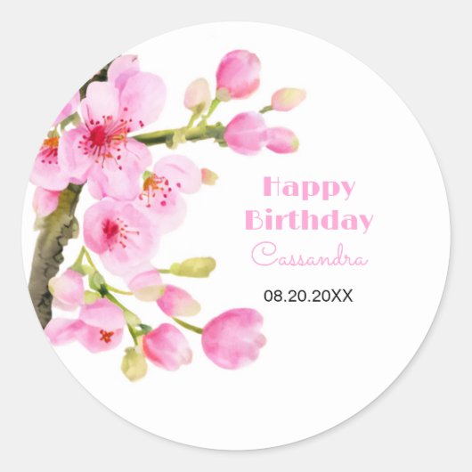 Chique roze kersenbloesem Sakura Floral Verjaardag Ronde Sticker (Voorkant)