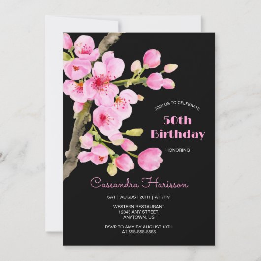 Chique roze kersenbloesem Sakura zwart verjaardag Kaart (Voorkant)