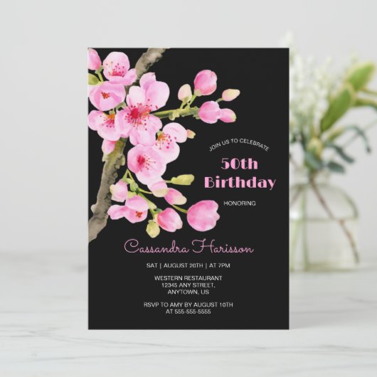 Chique roze kersenbloesem Sakura zwart verjaardag Kaart (Staand voorkant)