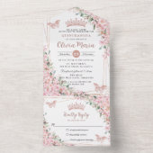 Chique roze kersenbloesems Roos gouden quinceañera All In One Uitnodiging (Binnen)