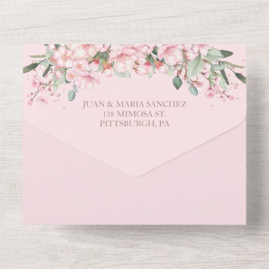 Chique roze kersenbloesems Roos gouden quinceañera All In One Uitnodiging (Achterkant)