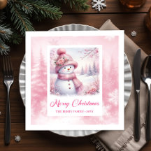 Chique Roze Kerst Winter Bos Servetten Sneeuwman V