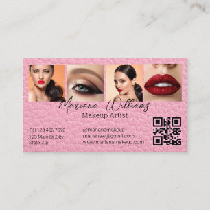 Chique Roze Leren Make-up Kunstenaar 4 Foto QR Cod Visitekaartje